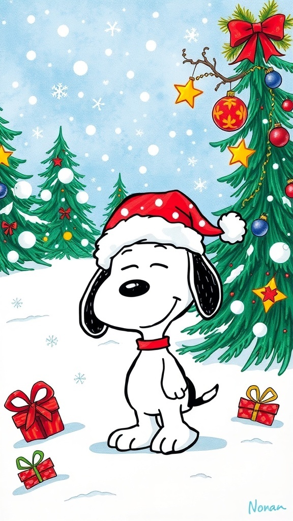 Snoopy in a Santa hat with a snowy Christmas background, surrounded by decorations.